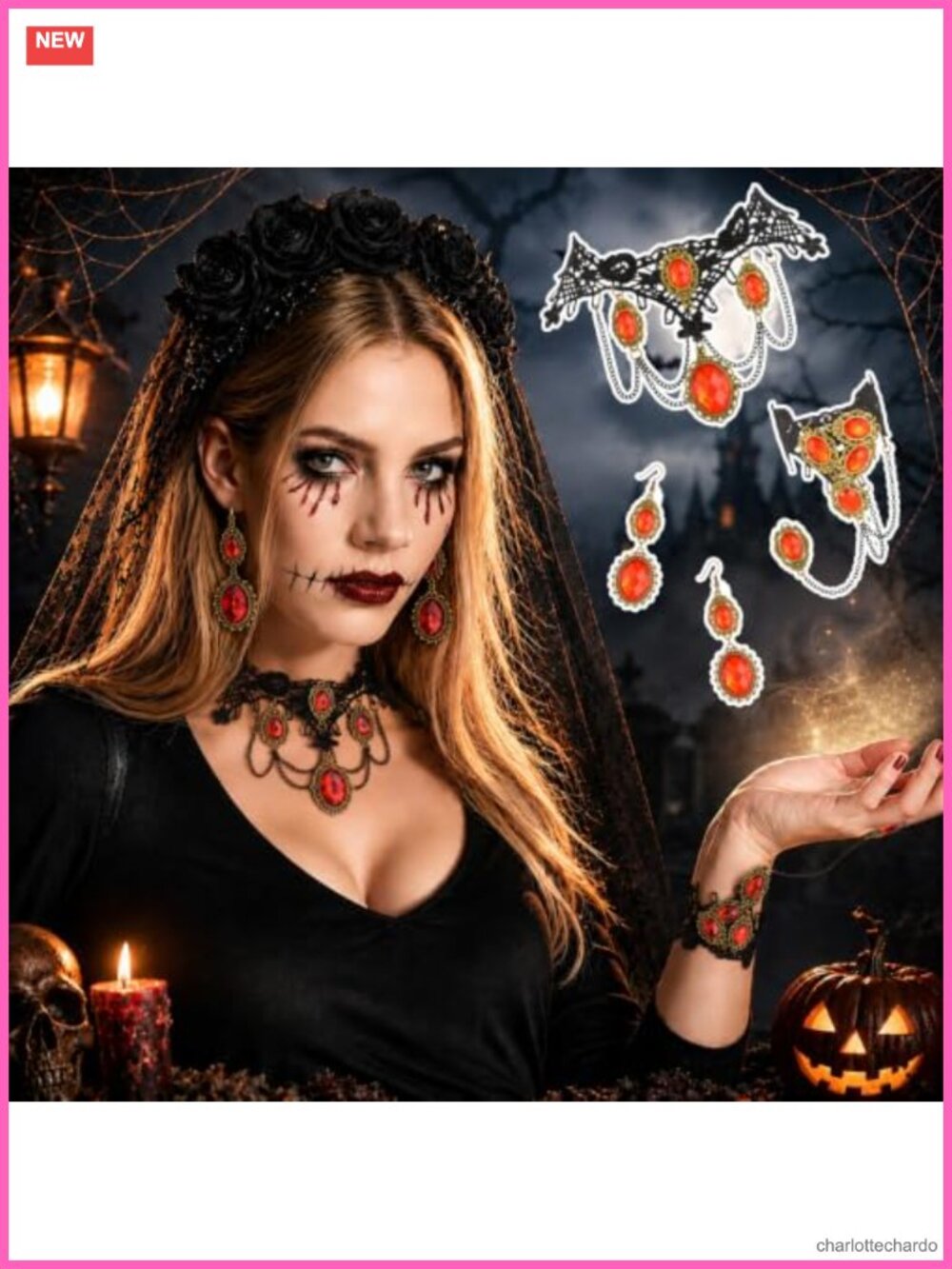 Gothic Lace Choker Necklace Earrings Bracelet Jewelry Set Women - Picture 4 of 5